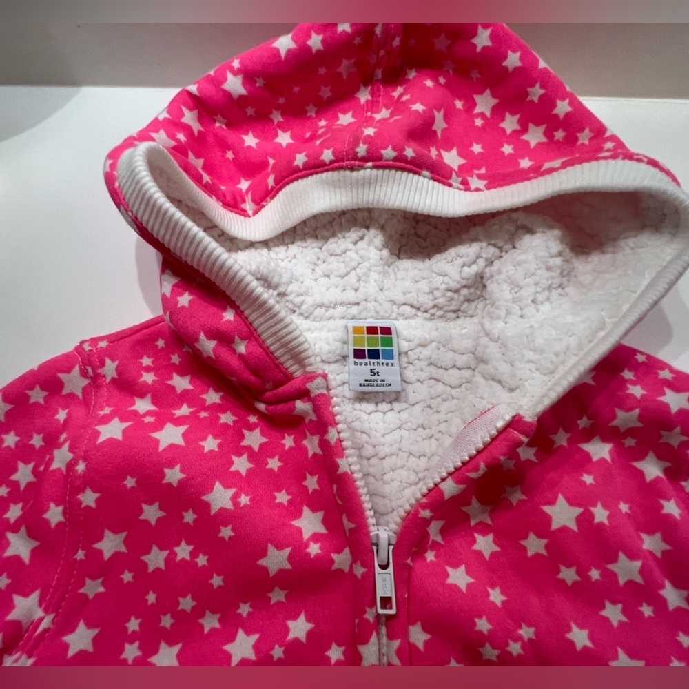 HEALTHTEX GIRLS PINK STARRED SIZE 5T HOODIE ZIP UP SWEAT SHIRT. BRITE PINK/WHITE - Picture 4 of 11